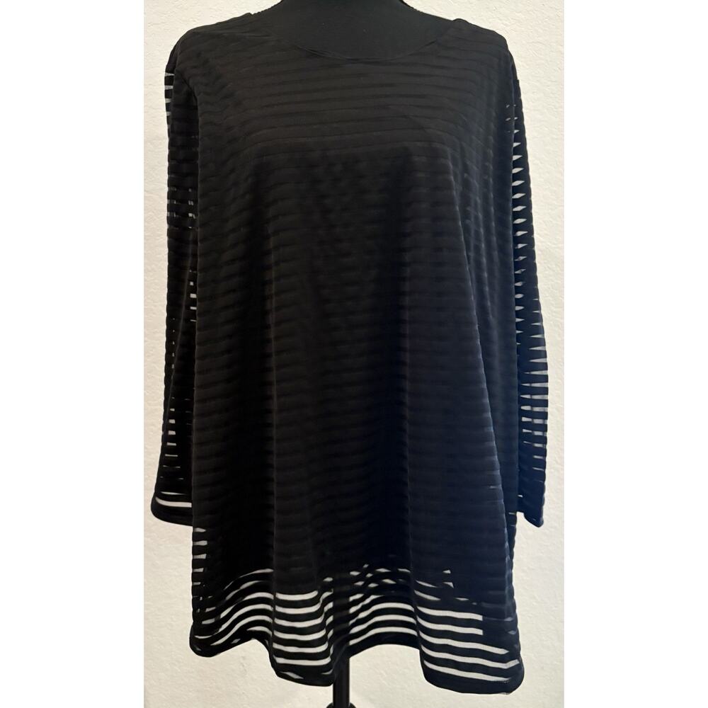 Chico’s Black Stripe Scoop Neck Overlay Knit Top Size 4 (XXL) NWT